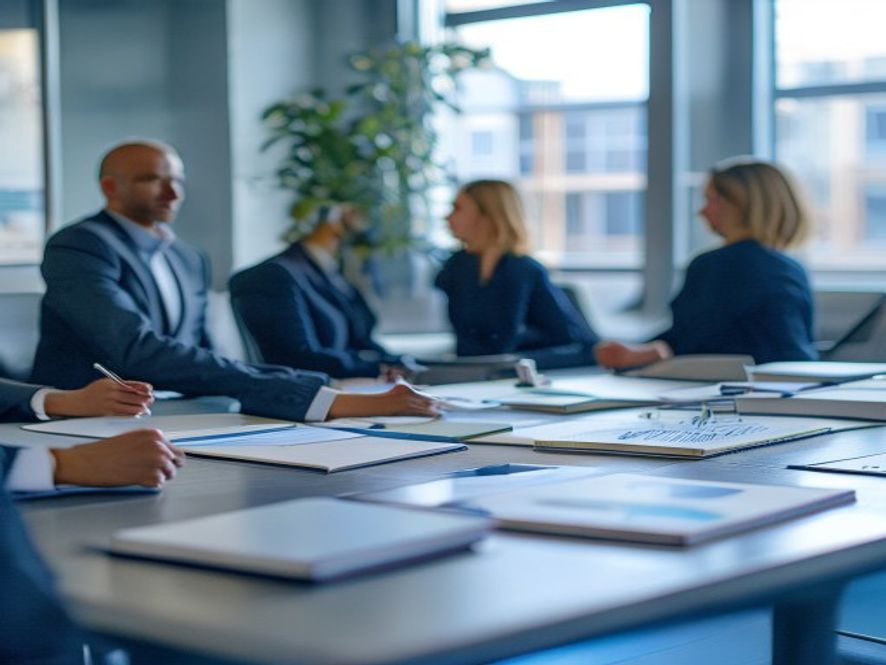 Professional workspace with strategic planning elements, leadership training setup, and collaborative success indicators