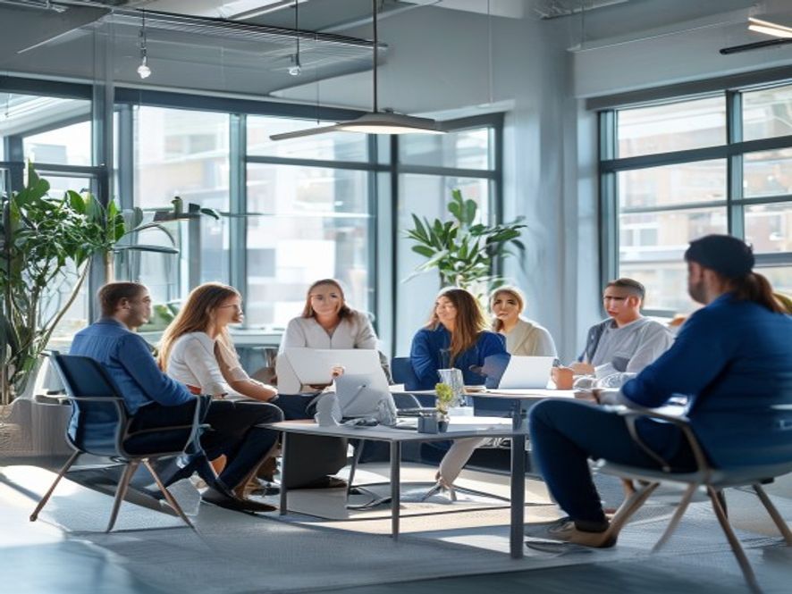 Bright office space with team gathering and collaborative energy, morning light through windows